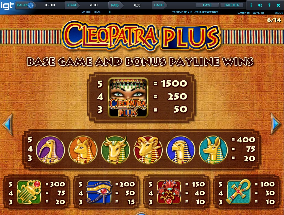 Cleopatra PLUS IGT slot paytable